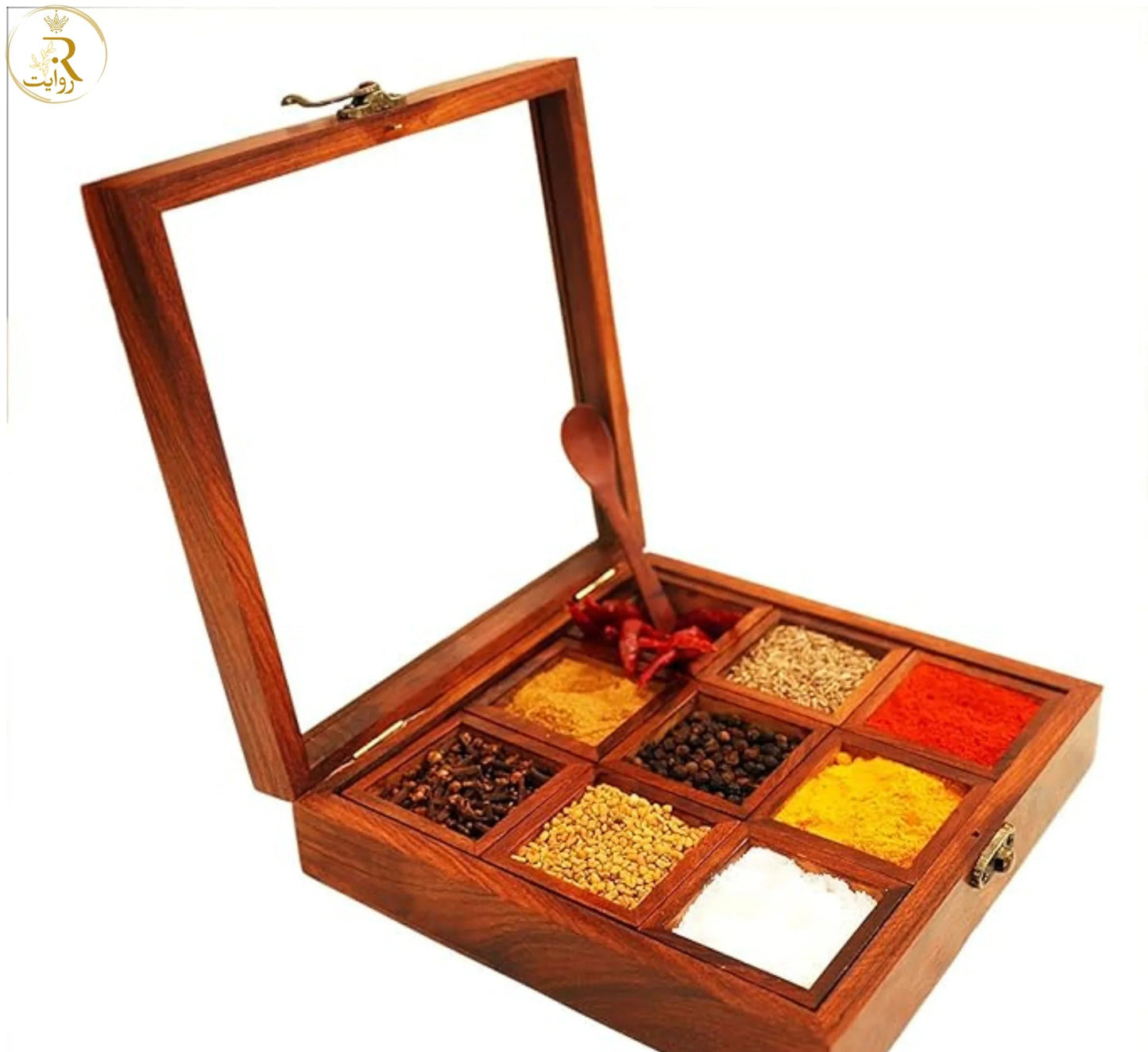 JS Junoon Wooden Spice Box with Glass Lid – Handcrafted Kitchen Organizer
