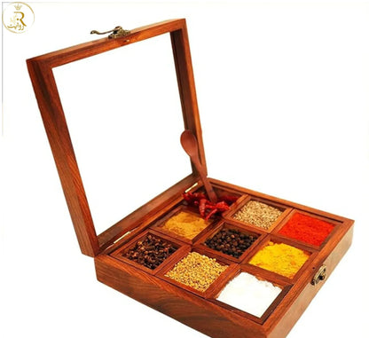 JS Junoon Wooden Spice Box with Glass Lid – Handcrafted Kitchen Organizer - JSJunoon.com