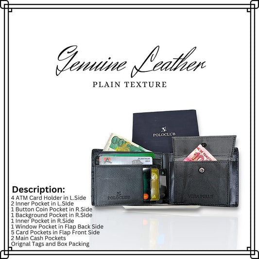 JS JUNOON Unisex Leather Bi-Fold Wallet – Slim Black Wallet with Card Pockets, Stylish & Functional, 1 Pc