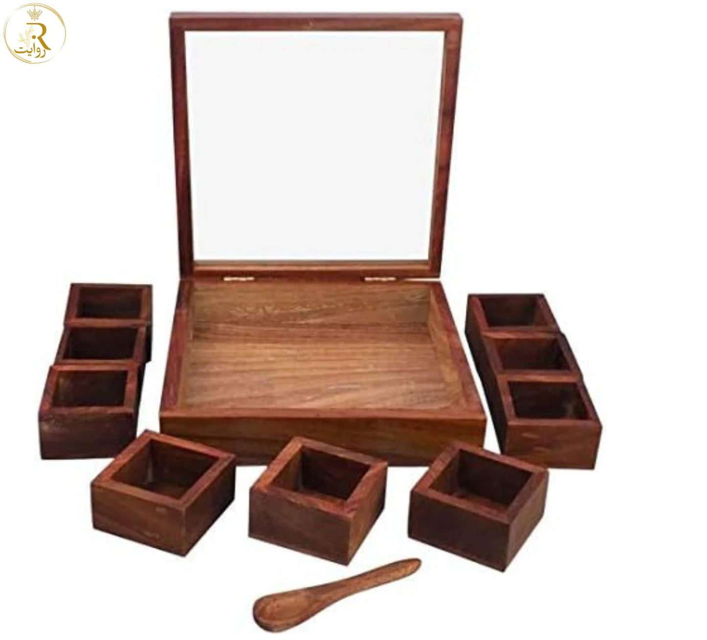 JS Junoon Wooden Spice Box with Glass Lid – Handcrafted Kitchen Organizer