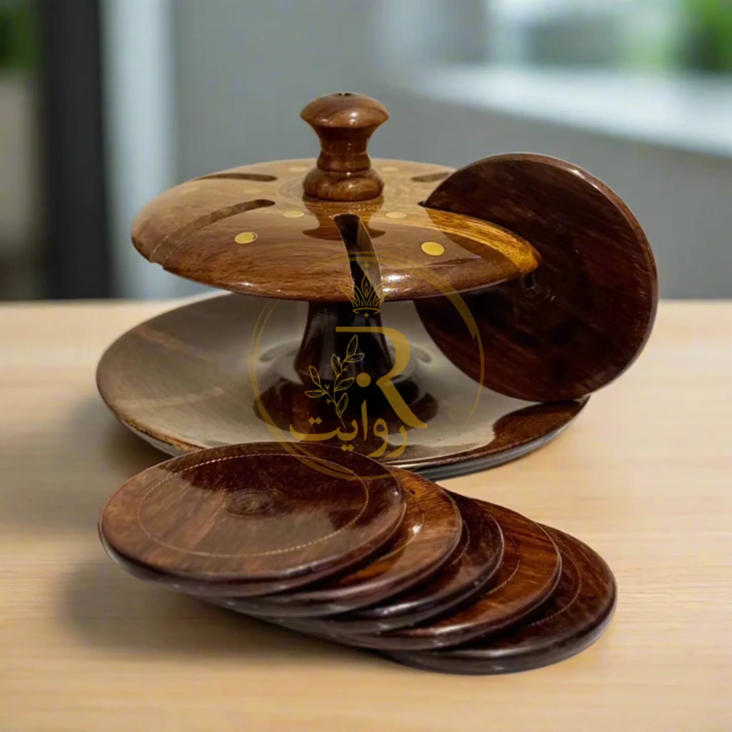 JS Junoon Handcrafted Wooden Tea Mat Set with Brass Work – Traditional Table Decor