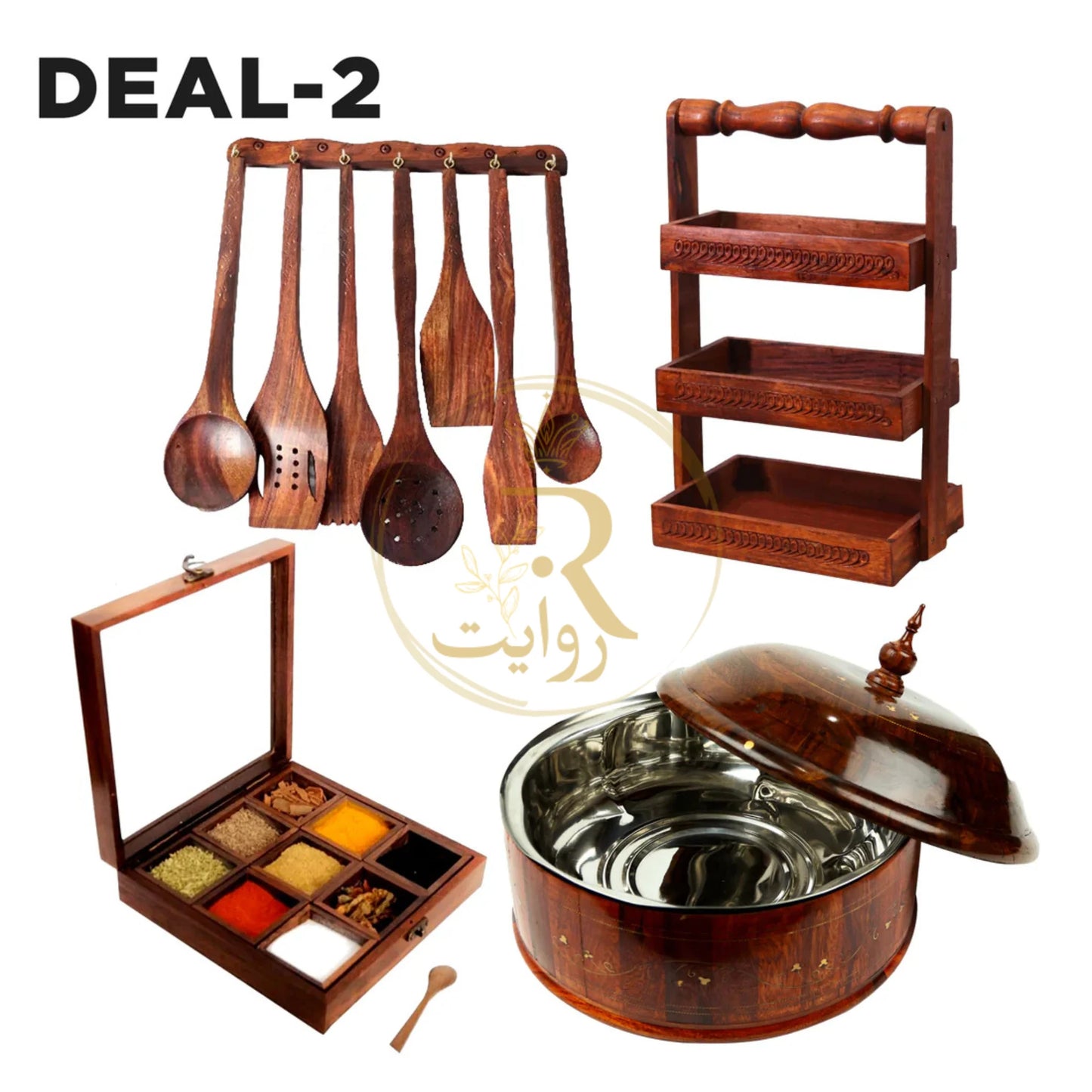JS Junoon Deal-2 | Wooden Hotpot with Steel Bowl + Wooden Masala Box + Spoon Stand + 8-Piece Cooking Spoon Set – Handcrafted Kitchen Combo