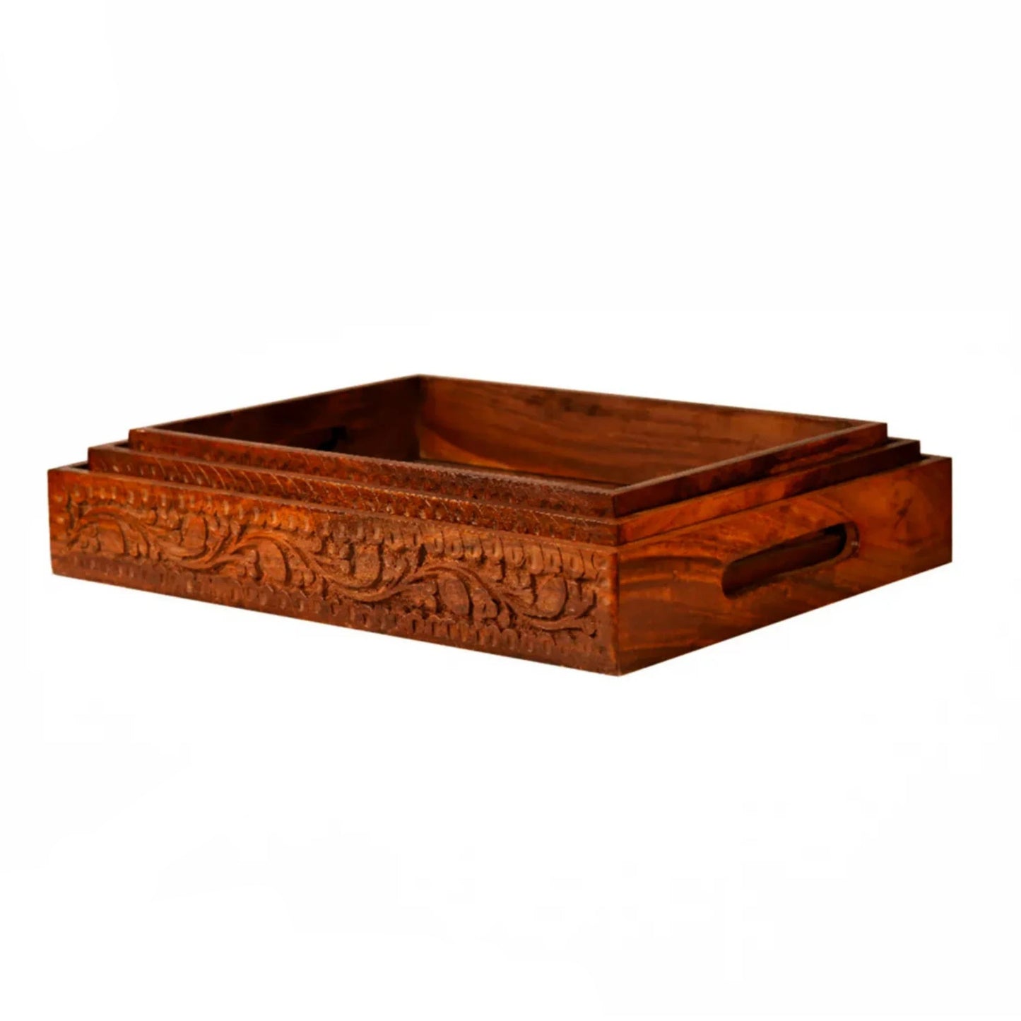 JS Junoon Traditional Hand-Carved Wooden Serving Tray Set – 3-Piece
