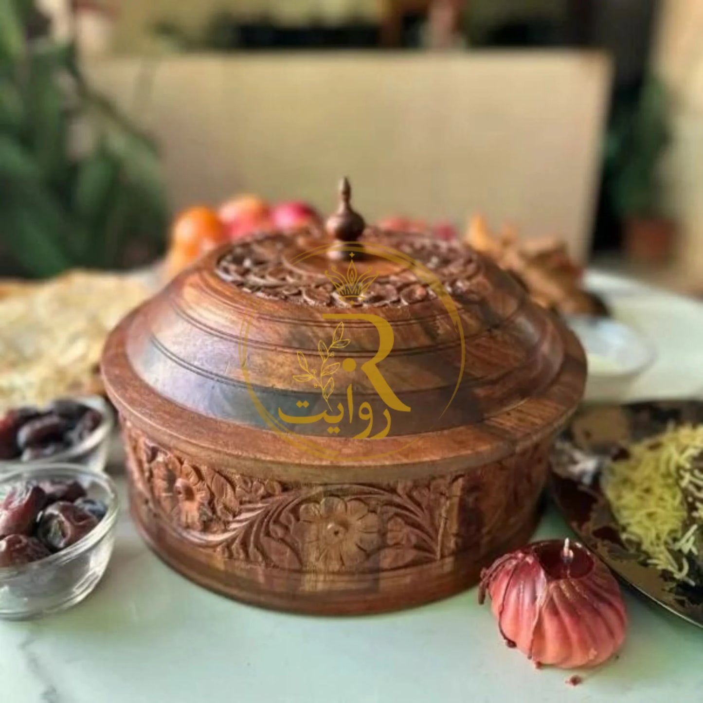 JS Junoon Handcrafted Wooden Roti Hotpot with Brass Work (With Steel Bowl) – Traditional Kitchenware
