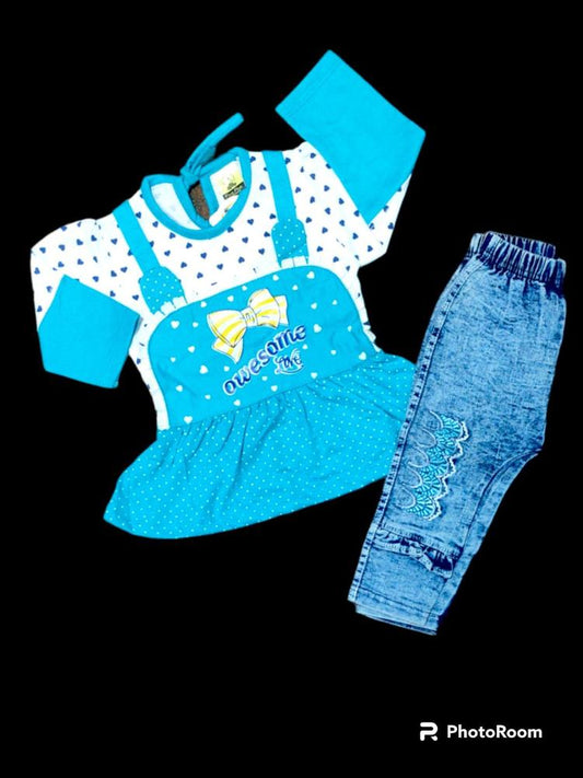 Baby Girl 2 Pcs Outfit Set – Printed Jersey Lycra T-Shirt & Denim Pant (0-6 Months)