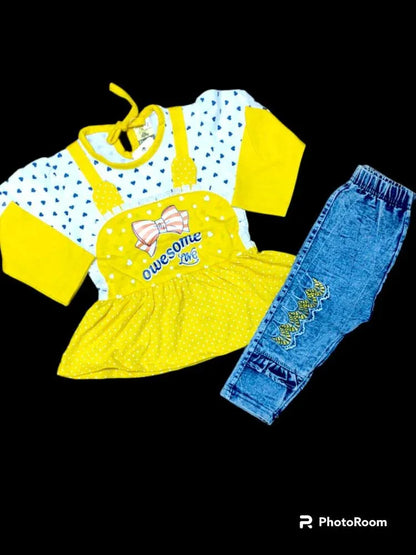2 Pcs Girl's Stitched Jersey Lycra Printed T-Shirt and Pant Set – Comfortable Printed Suit for Baby Girls - JSJunoon.com