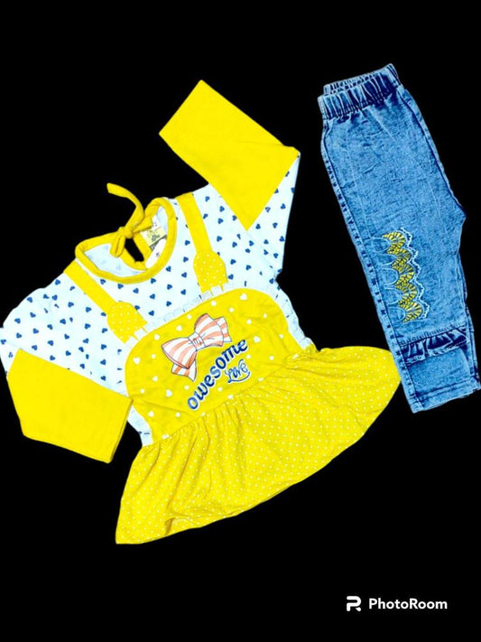 2 Pcs Girl's Stitched Jersey Lycra Printed T-Shirt and Pant Set – Comfortable Printed Suit for Baby Girls