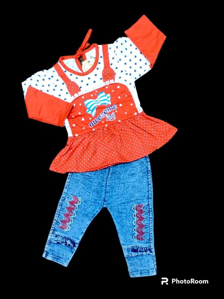 Baby Girl 2 Pcs Printed Outfit Set – Jersey Lycra T-Shirt & Denim Pant (0-6 Months)