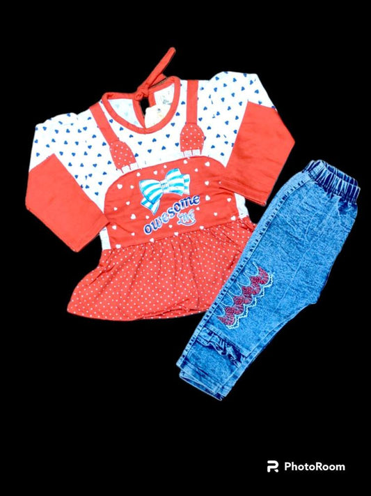 Baby Girl 2 Pcs Printed Outfit Set – Jersey Lycra T-Shirt & Denim Pant (0-6 Months)