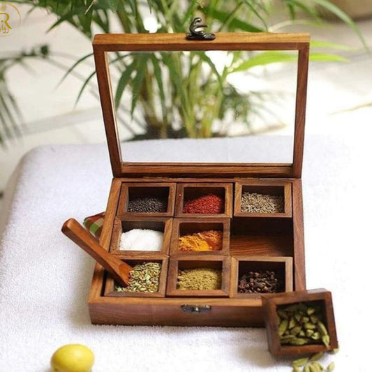 JS Junoon Wooden Spice Box with Glass Lid – Handcrafted Kitchen Organizer