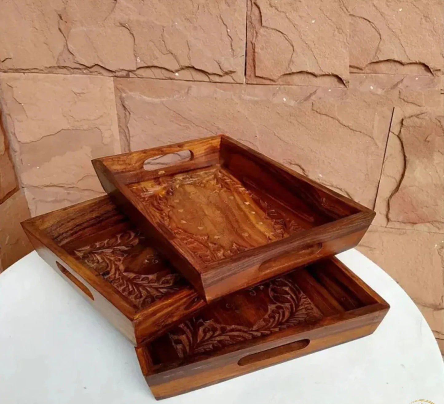 JS Junoon Hand-Carved Wooden Serving Tray Set – 3-Piece