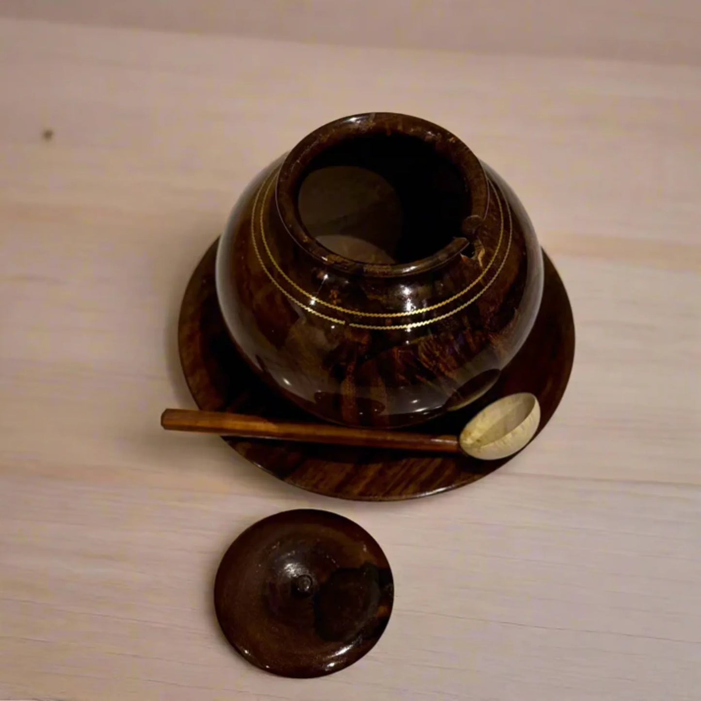 JS Junoon Handcrafted Wooden Sugar Pot with Brass Work – Traditional Kitchen & Table Décor