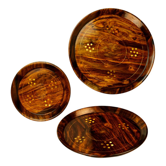 JS Junoon Handcrafted Sheesham Wood Plate Set – 3-Piece Dining & Kitchenware
