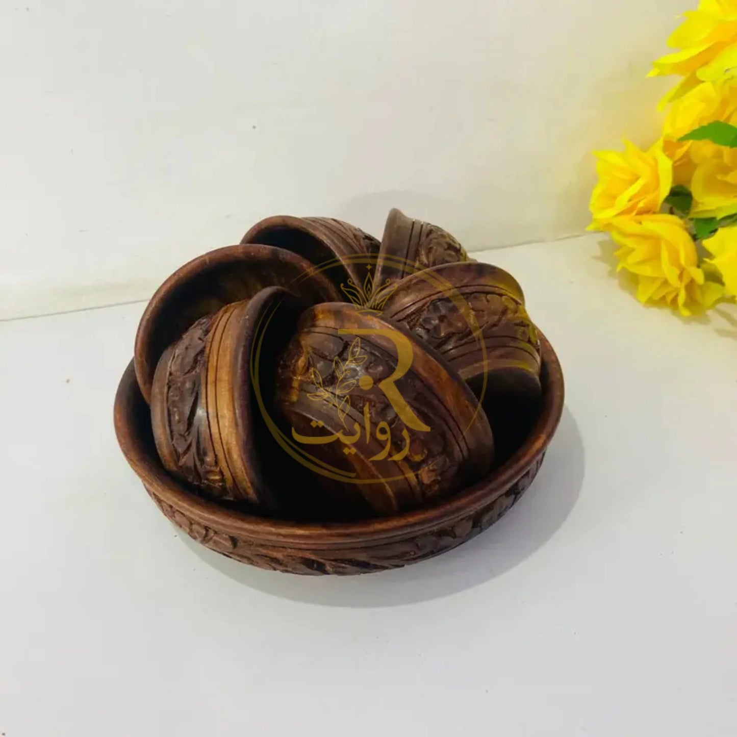 JS Junoon Handcrafted Wooden Bowl Set – 1 Large & 6 Small Bowls for Dining & Kitchen