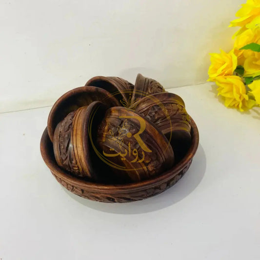 JS Junoon Handcrafted Wooden Bowl Set – 1 Large & 6 Small Bowls for Dining & Kitchen