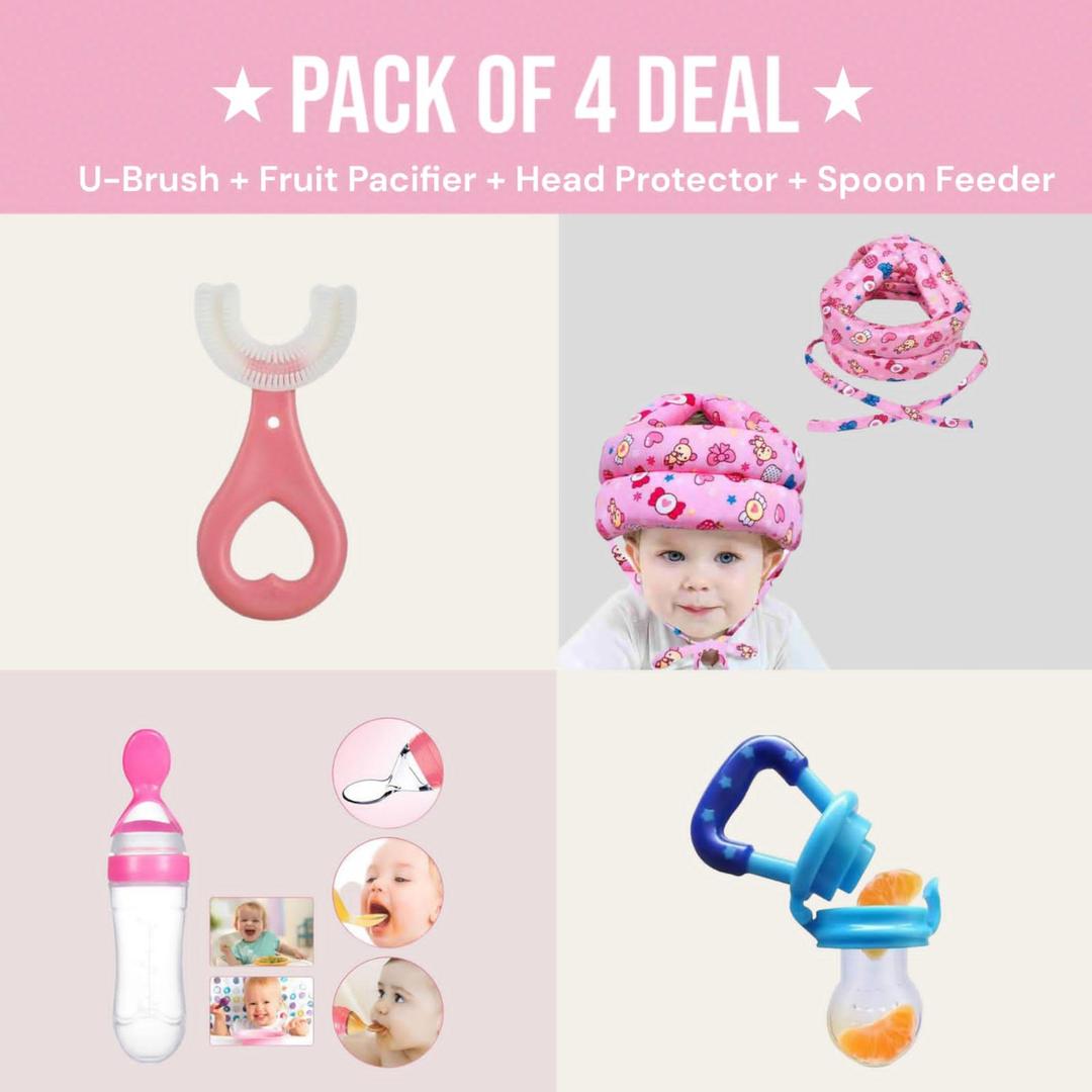 Baby Care Essentials Kit – Head Protector, Spoon Feeder, Fruit Pacifier & U-Shaped Toothbrush