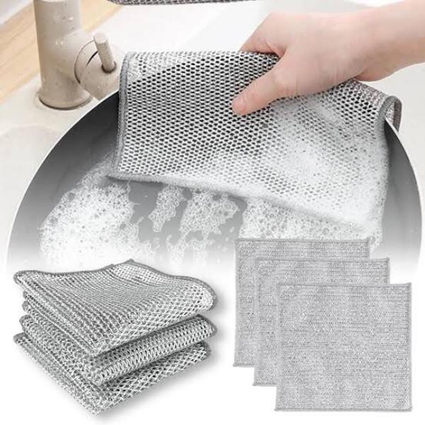 2 Pcs Durable & Washable Steel Wire Cleaning Cloth – Long-Lasting Multipurpose Scrubber Pads, Silver