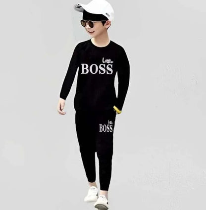 2 Pcs Boy’s Micro Printed Tracksuit – Black Shirt & Trouser Set (Ages 1–12 Years) - JSJunoon.com