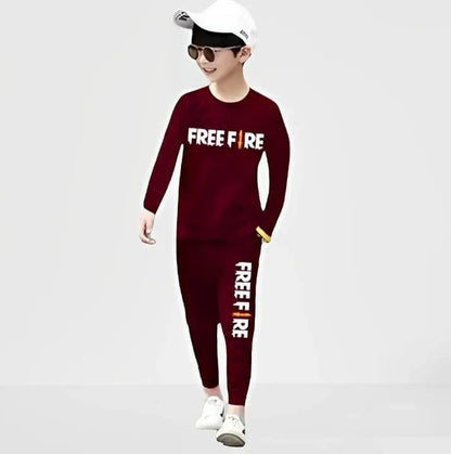 2 Pcs Boy’s Micro Printed Tracksuit – Maroon Shirt & Trouser Set (Ages 1–12 Years) - JSJunoon.com