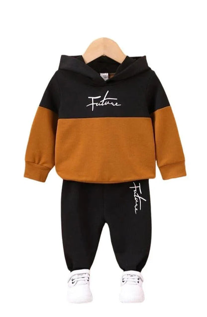 2 Pcs Boy’s Micro Printed Hoodie Tracksuit Set – Brown Sweatshirt & Trouser - JSJunoon.com