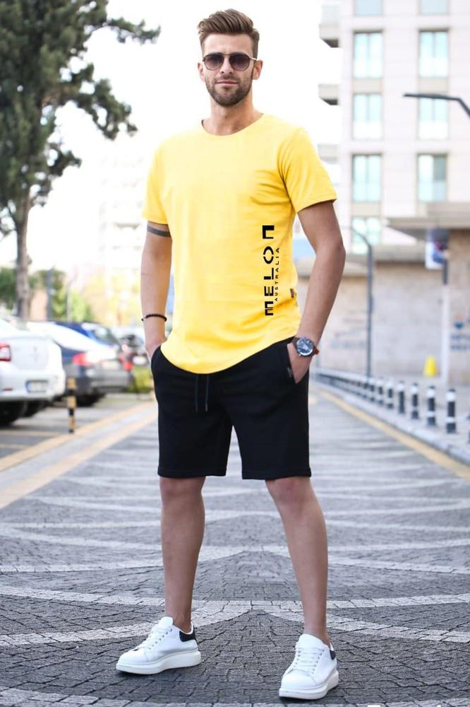2 Pcs Men's Jersey Printed T-Shirt & Shorts Tracksuit – Yellow, Summer Sportswear Set