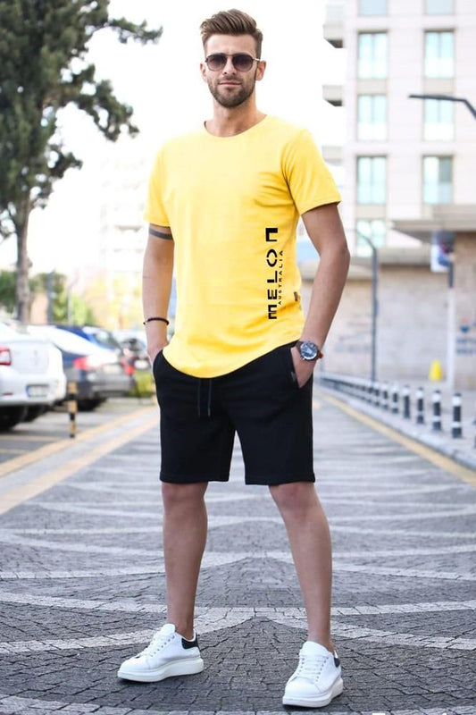 2 Pcs Men's Jersey Printed T-Shirt & Shorts Tracksuit – Yellow, Summer Sportswear Set
