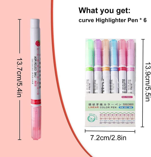 JS Junoon 6-Pcs Curve Highlighter Pen Set – Flownwing Flair, Multi-Color Fine Tips