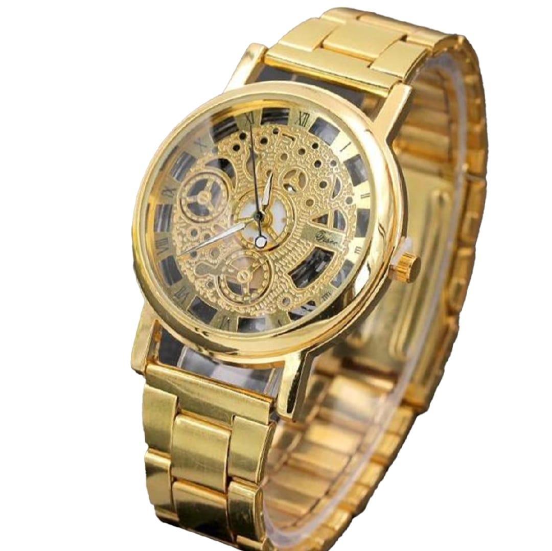 JS JUNOON Men's Golden Mechanical Watch – Stainless Steel Chain Strap, Hand-Winding, Stylish & Durable, 1 Pc