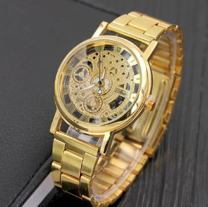 JS JUNOON Men's Golden Mechanical Watch – Stainless Steel Chain Strap, Hand-Winding, Stylish & Durable, 1 Pc - JSJunoon.com