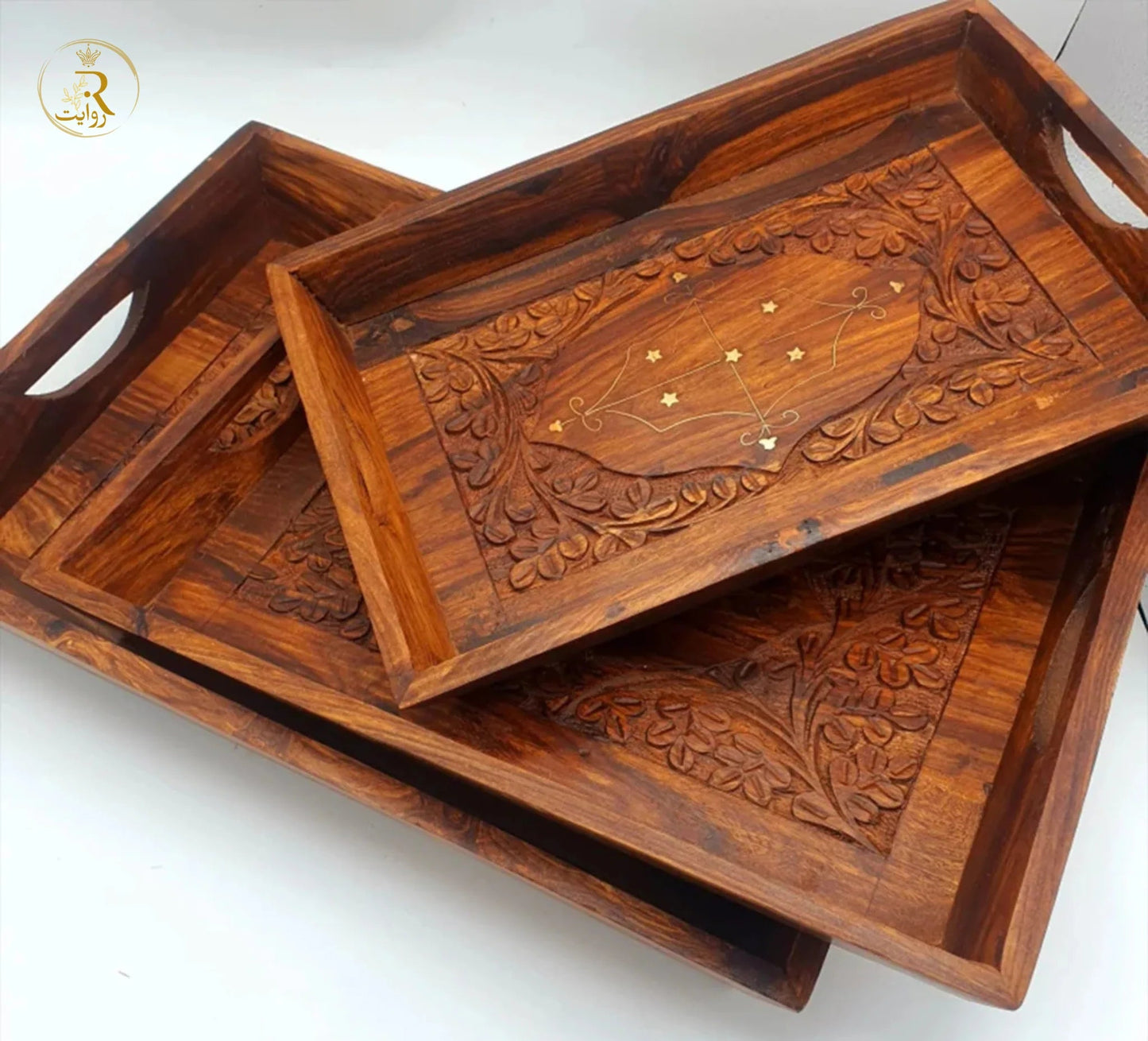 JS Junoon Hand-Carved Wooden Serving Tray Set – 3-Piece