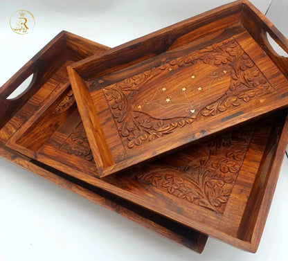 JS Junoon Hand-Carved Wooden Serving Tray Set – 3-Piece - JSJunoon.com