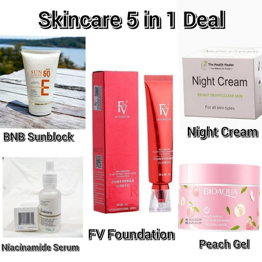 Ultimate 5 in 1 Skincare Bundle (5 Pcs) | Night Cream, Exfoliating Gel, Niacinamide Serum, Foundation & Sunblock