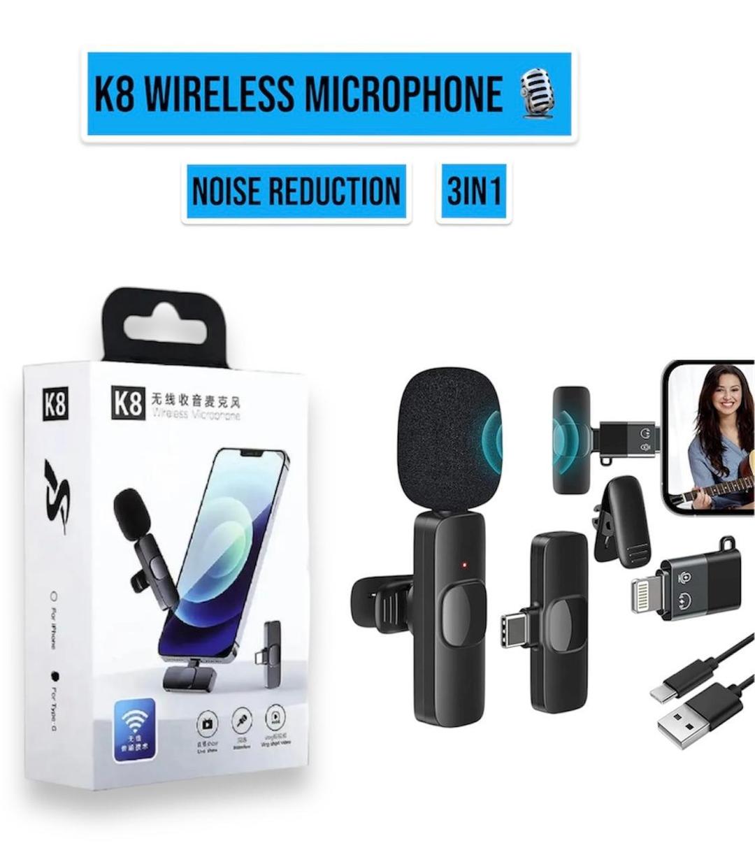 K8 Wireless 3-in-1 Noise Reduction Microphone | Bluetooth 5.0 with Type-C, Android & iOS Receivers – Black