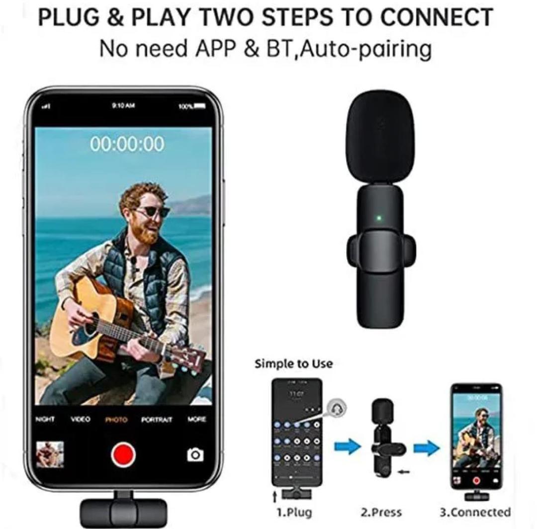 K8 Wireless 3-in-1 Noise Reduction Microphone | Bluetooth 5.0 with Type-C, Android & iOS Receivers – Black