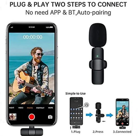 K8 Wireless 3-in-1 Noise Reduction Microphone | Bluetooth 5.0 with Type-C, Android & iOS Receivers – Black