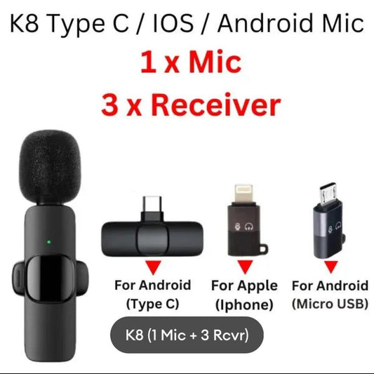 K8 Wireless 3-in-1 Noise Reduction Microphone | Bluetooth 5.0 with Type-C, Android & iOS Receivers – Black