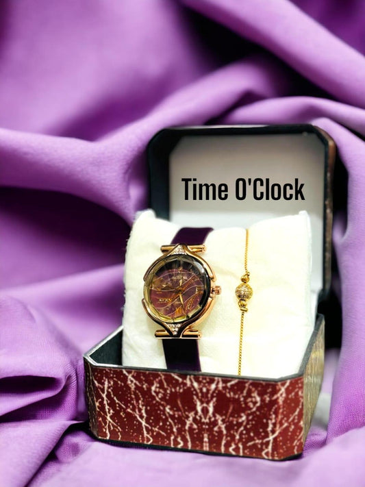 JS Junoon Women’s Analogue Quartz Watch – Round Dial, Leather Strap, Plum