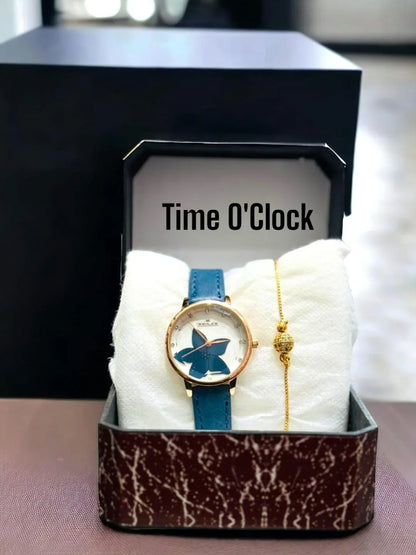 JS Junoon Ladies Watch with Bracelet – Blue Leather Strap, Round Dial Quartz Analogue Gift Set - JSJunoon.com
