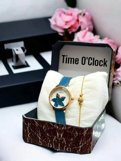 JS Junoon Ladies Watch with Bracelet – Blue Leather Strap, Round Dial Quartz Analogue Gift Set - JSJunoon.com