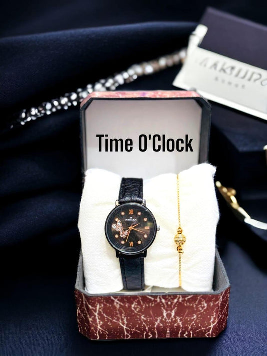 JS Junoon Ladies Watch with Bracelet – Black Leather Strap, Round Dial Quartz Analogue Gift Set