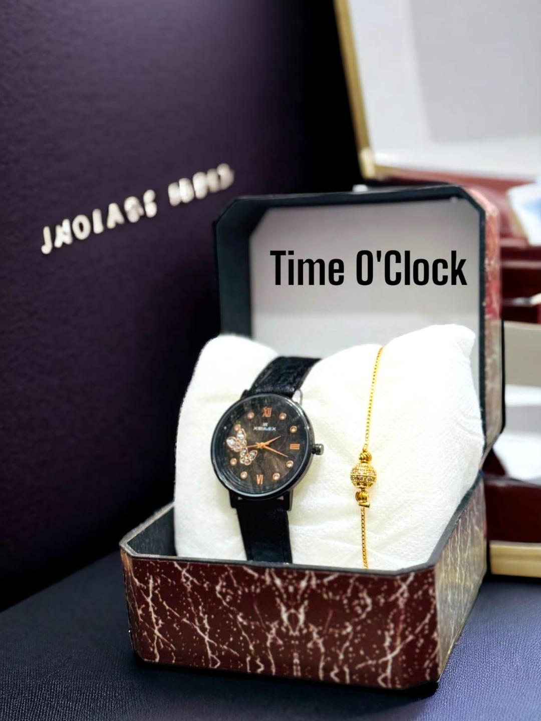 JS Junoon Ladies Watch with Bracelet – Black Leather Strap, Round Dial Quartz Analogue Gift Set