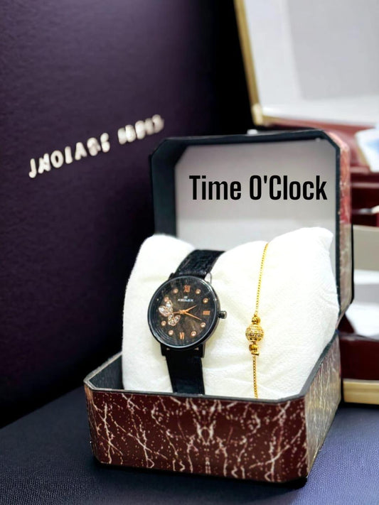 JS Junoon Ladies Watch with Bracelet – Black Leather Strap, Round Dial Quartz Analogue Gift Set