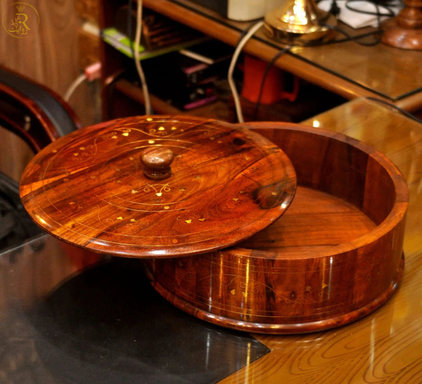JS Junoon Handcrafted Wooden Roti Hotpot with Brass Work (No Steel Bowl) – Traditional Kitchenware