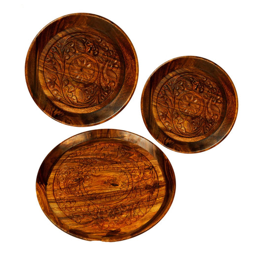 JS Junoon Handcrafted Sheesham Wood Plate Set – 3-Piece Dining & Kitchenware