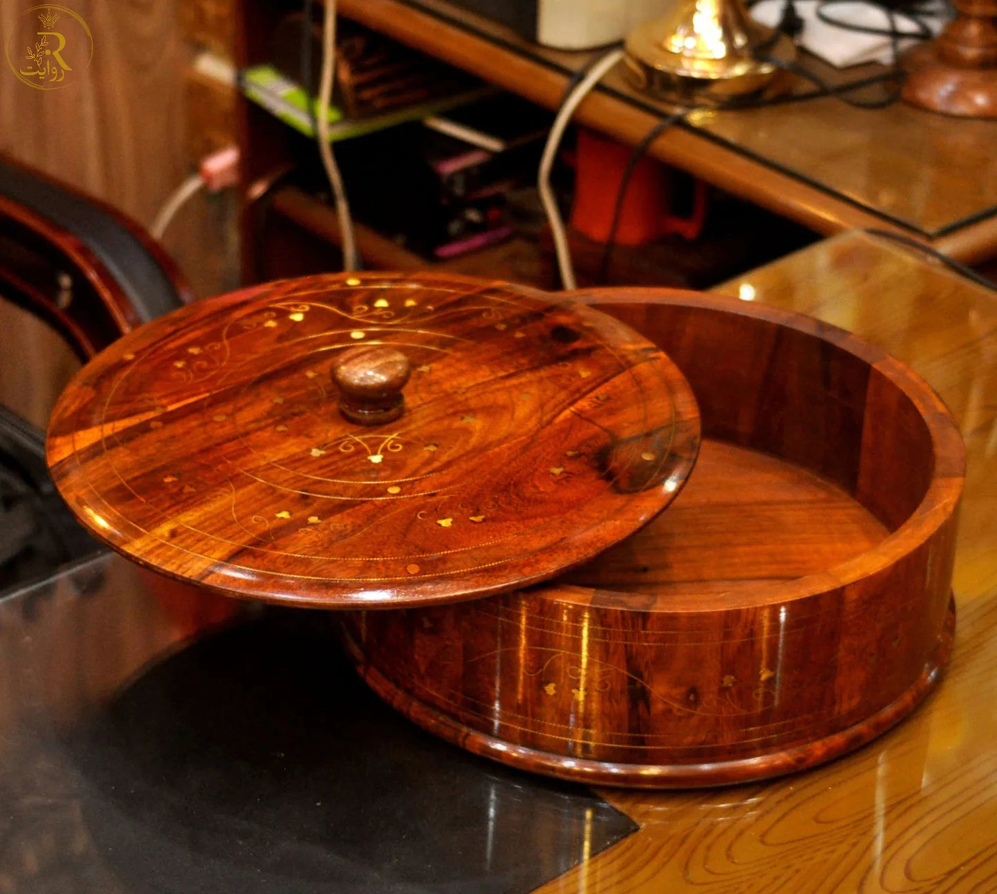 JS Junoon Deal-5 | Handcrafted Wooden Hotpot (Without Steel Bowl) + Lightweight Tray Set of 3 + Wooden Roti Maker – Traditional Kitchenware Combo