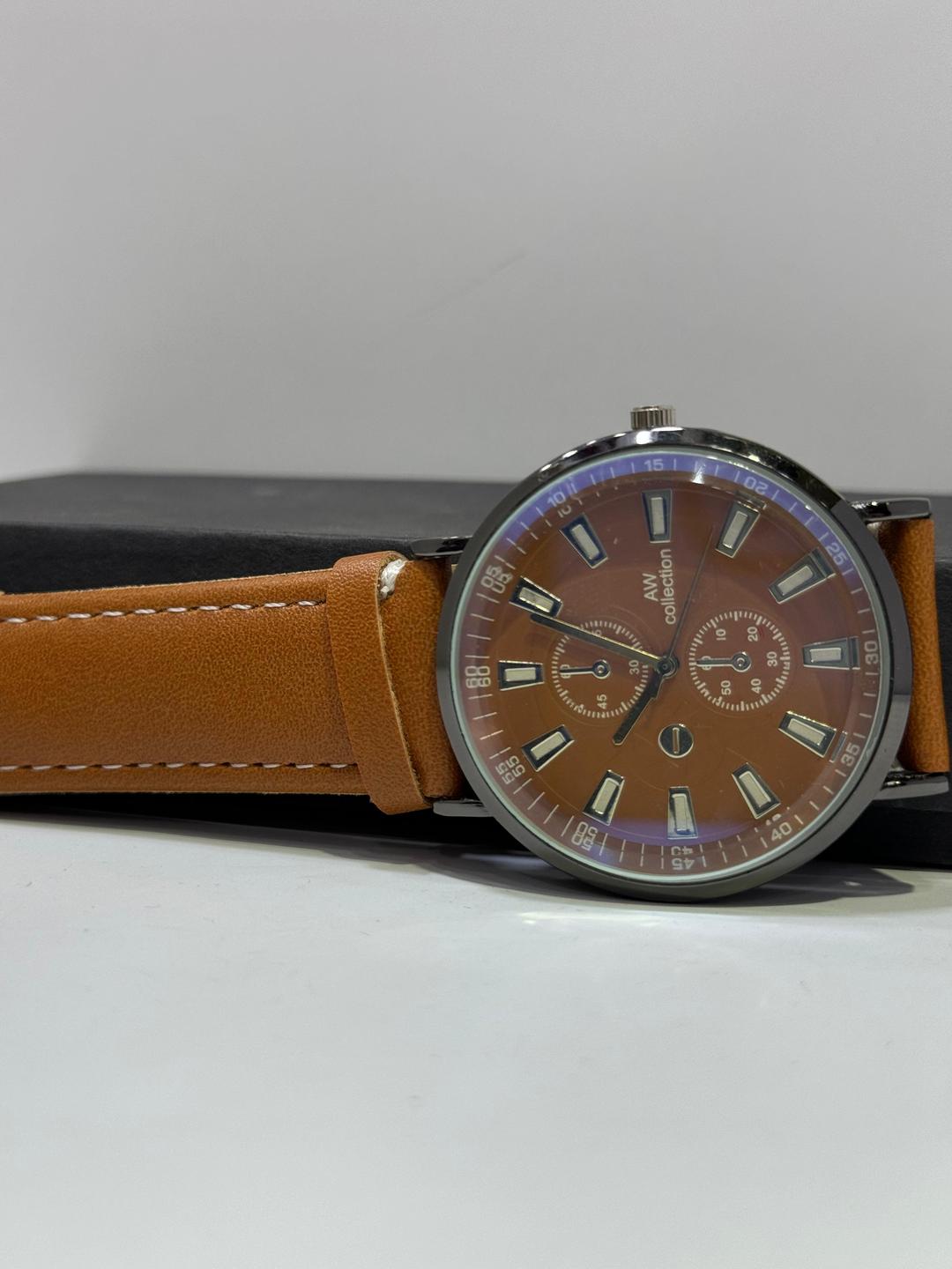 JS JUNOON Men's Brown Leather Strap Analogue Watch – Stylish & Durable, 1 Pc