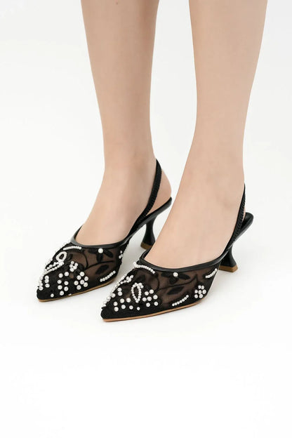 ZARA Women’s Embroidered Net Pumps – Black, White, Beige – Elegant Party Wear Heels - JSJunoon.com