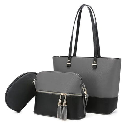 Women’s 3 Pcs PU Leather Textured Handbag Set – Tote, Crossbody & Pouch (Grey) - JSJunoon.com