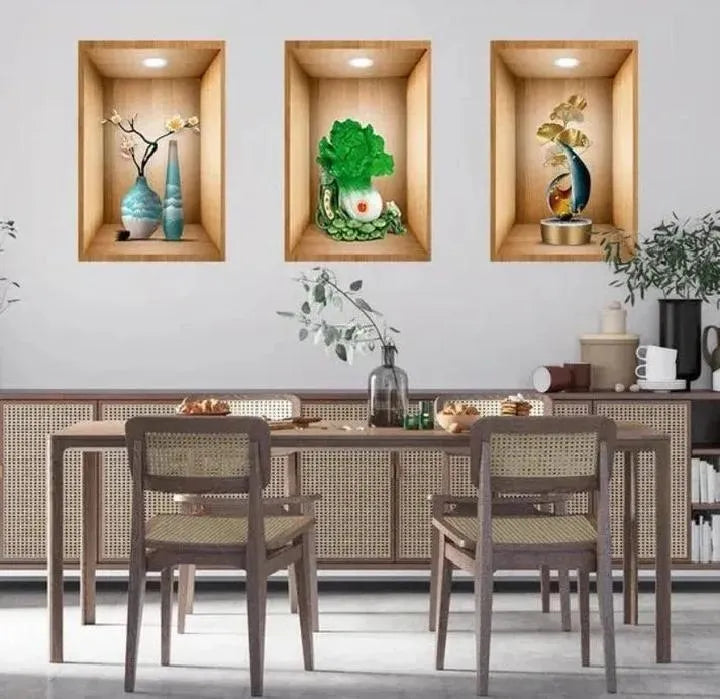 3D Flower Pot Wall Sticker – Pack of 3 Multicolor Plastic Wall Decor