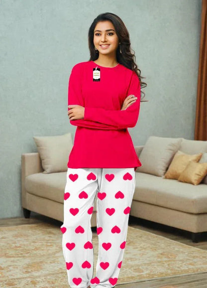 Women’s Plain Cotton Jersey Night Suit – 2 Pcs Sleepwear Set (Standard Size, Red) - JSJunoon.com